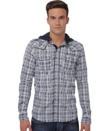 Get the layered look you like without the added bulk. This hooded plaid shirt from Buffalo David Bitton is instantly cool.