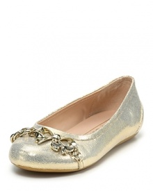 A pretty metal bow glistens from the toe of these golden Juicy Couture fabric flats for a dazzling casual or formal look.