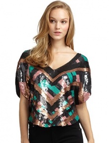 THE LOOKAllover sequined chevron designDolman sleevesCurved, hi-lo hemTHE FITAbout 20 from shoulder to hemTHE MATERIALSilkFully linedCARE & ORIGINDry cleanImportedModel shown is 5'8 (172½cm) wearing US size Small. 