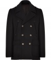 Dressed up with cool military-inspired detailing, Marc by Marc Jacobs black wool coat is a slick choice for giving your look that modern-utilitarian feel - Notched collar with buttoned latch, long sleeves, flap and slit pockets with tonal embroidery, brass-toned logo buttons, double-breasted button-down front, back vent, chocolate satin lining - Tailored fit - Wear over slim fit separates and cashmere pullovers