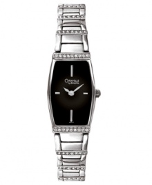 Studded with rhinestones, this elegant watch from Caravelle by Bulova wears like a jewel. Silvertone mixed metal bracelet with crystal accents. Cushion-shaped mixed metal case and black dial with logo and stick indices. Quartz movement. Moisture resistant. Two-year limited warranty.