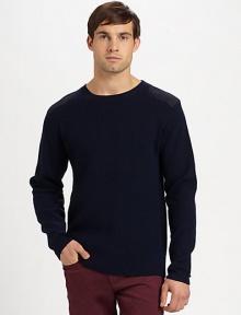 A modern interpretation of a classic military sweater, recreated and shaped in lightweight, ribbed-knit wool with shoulder and elbow patch details.CrewneckWoolDry cleanImported