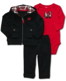 He'll be ready for adventures with mommy and daddy in this 3 piece zip cardigan with plaid hood, pull on pants, and bodysuit set by Carter's.