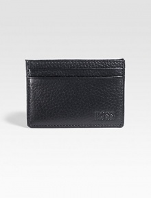 A slim-line credit card holder in pebbled leather with a debossed logo detail. Two card slots3¼ X 2¾Imported