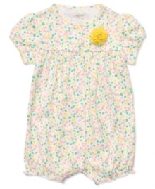 Dressing her will be a cinch in this in this adorable bodysuit with sweet chiffon rosette detail from Carter's. Has snaps at front and leg openings for easy changes.