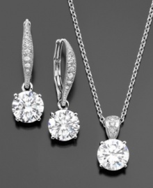 Sumptuous sparkle. This Eliot Danori pendant and earrings set features round-cut cubic zirconia (earrings: 1-1/4 ct. t.w. pendant: 3/4 ct. t.w.) set in rhodium-plated silvertone mixed metal. Pendant measures approximately 16 inches + 2-inch extender with a 1/2-inch drop. Earring drop measures approximately 1 inch.