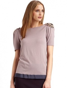 Bold, embellished shoulders give a modern day appeal to this ultra soft short-sleeve style.Bateau neckline Embellished shoulders Short sleeves Grosgrain ribbon trimmed hem About 24 from shoulder to hem 50% virgin wool/35% cashmere/15% silk Dry clean Made in Italy