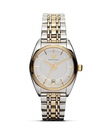 Designed to keep pace with the day-to-day demands, this two-tone stainless steel watch from Emporio Armani is a sleek choice. With a gold plated case, silver dial and quartz movement, this watch has the substance to match the style.