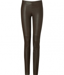 Leather leggings are a trend-favorite must this season, and Josephs deep olive-khaki stretch lambskin pair are an ultra luxe choice - Elasticized waistline, pull-on style - Extra form-fitting - Wear with chunky oversized knits and favorite ballerinas