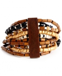 An earthy blend of brown, black and white beading make Haskell's bohemian style a neutral must. Bracelet stretches to fit wrist and blends perfectly with bold summer ensembles. Set in mixed metal with glass and wooden accents. Approximate length: 7-1/2 inches.