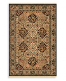 A lush landscape of corals, turquoise blues, maize yellow, moss green, soothing taupe and soft mocha greet you in a playfully intricate pattern. Classically styled for the modern age, this full framed rug offers a neutral palette to coordinate perfectly with today's microfiber, twill and leather furnishings.