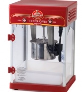 The charm of a night out at the theater in the comfort of your home. Designed just like the ones at the movies, this stainless steel popper features a lighted, transparent cabinet that makes Orville Redenbacher's flavor-rich and famous popcorn the main feature. The easy-to-use machine holds up to 24 cups of popped corn at once and dishes out up to 7 cups in mere minutes, plus innovative features guarantee tender, crisp and perfectly popped results. Model 05310.