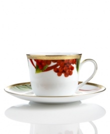 A new holiday classic, the Holly Berry cup and saucer feature filigree-patterned gold and beautiful Christmas botanicals in elegant white porcelain. Complements Grand Buffet Classic Gold and Red Rim dinnerware.