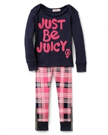 She'll get super cozy in Juicy Couture's Just Be Juicy logo pajama set, featuring a comfy longsleeve top and ruffled plaid pant.