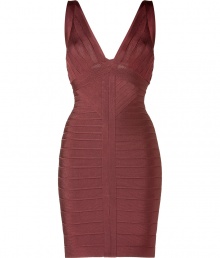 Luxurious cocktail dress in chestnut stretch rayon and nylon - One of the famous bandage dresses from fashion darling Herv? L?ger, his fans include Elle MacPherson, Kylie Minogue, Kate Winslet - The secret of these dresses lies in the narrow bands of fabric, which mold the female body sexy - With a deep V-neck, sculpted bustier and wide straps - The waist is accentuated feminine - Slim, mini length skirt - Although the dress fits tight, its super comfortable - A mega glam dress for those special occasions in life - With gold or nude sandals and an exquisite clutch