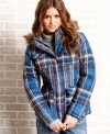 Go mad for plaid this season with a Dollhouse parker that features a bold print and faux-fur trimmed hood! Snap-button tabs at the waist provide a waist-defining fit.