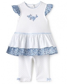 Taking it all back home, a rich floral trim brings a classic charm to Little Me's Belle dress and legging set.