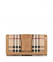 With its characteristic check and modern metallic piping, Burberry Londons continental wallet is an iconic way to keep your most valuable essentials organized - Haymarket check coated canvas, trench suede panel, matching leather trim, flap with snap closure, back slot pocket, multiple credit card slots inside, zippered coin purse - Carry alone for running quick errands, or stash away in a sophisticated leather tote