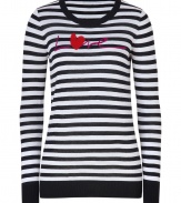 Romantic with a contemporary kick of bold striping, DKNYs silk-cashmere pullover is a sweet choice perfect for adding a fun edge to your outfit - Round neckline, long sleeves, black ribbed trim, Love knit on front - Slim fit - Wear with everything from jeans and flats to leather leggings and slick ankle boots