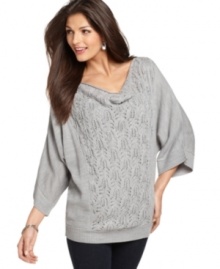 NY Collection takes the classic cowlneck sweater in a new direction: pretty pointelle knit gives this tunic a delicate look!