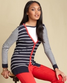 Chic stripes adorn Tommy Hilfiger's lightweight cardigan for a classic look you can wear season after season!