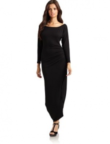 THE LOOKBateau necklineThree-quarter length sleevesSide ruchingSide slitMaxi lengthTHE FITAbout 60 from shoulder to hemTHE MATERIALModal/spandexCARE & ORIGINDry cleanMade in USAModel shown is 5'9½ (176cm) wearing US size Small. 