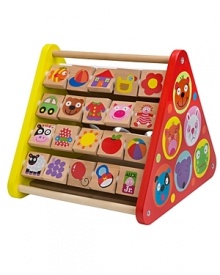 It's 4 sides of fun! ALEX Toy's wooden activity triangle includes racing rollers, turning picture tiles, mirror and funny faces.