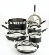 This Anolon Ultra Clad cookware set is so sleek, so well-crafted, you could design an entire kitchen around it. Three layers of metal compose each exceptional body: a thick inner core of quick and even heating aluminum is sandwiched between gleaming stainless steel. Limited lifetime warranty.