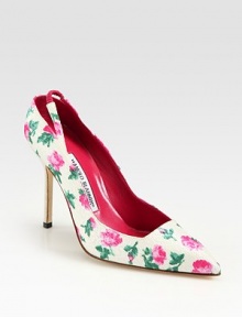 Feminine floral-print silk finished with a point toe, leather trim and an unexpected slingback for a secure fit. Linen-covered heel, 4 (100mm)Printed silk and leather upperLeather lining and solePadded insoleMade in ItalyOUR FIT MODEL RECOMMENDS ordering one half size up as this style runs small. 