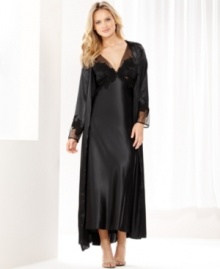 Layer yourself with luxury. The smooth satin Goddess robe by Flora Nikrooz features lovely embroidered cuffs.