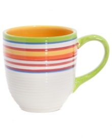 A brilliant line up. Calypso mugs brighten every day with hand-painted bands of tropical color in easy-care earthenware. From Clay Art.