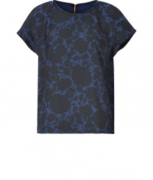 Inject easy elegance into your workweek staples with this chic printed top from Marc by Marc Jacobs - Round neck, short sleeves, boxy fit, exposed back zip closure, all-over print - Style with cropped trousers, a boyfriend blazer, and platform pumps