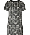 Simple and chic, Theyskens Theorys printed silk dress is an easy choice for all season sophistication - Round neckline with elasticized black grosgrain trim, short sleeves, pull-over style, unlined - Easy straight silhouette - Team with a blazer and ankle boots for work, or pumps and a shimmering clutch for cocktails