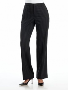 THE LOOKPinstriped woolExtended waistband with bar-and-hook plus button closureFront zipperSide slash pocketsTHE FITRise, about 10Inseam, about 33THE MATERIAL94% wool/5% elastane/1% polyesterCARE & ORIGINDry cleanImported