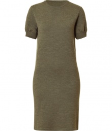 Streamlined and sophisticated, Ralph Laurens green merino wool knit dress seamlessly transitions from day to evening - Classic sweater style, with short sleeves and a crew neck - Slim, straight cut tapers slightly through waist and hits at knee - Accessorize with statement jewelry and an oversize belt and pair with a denim jacket and pumps or leather sandals