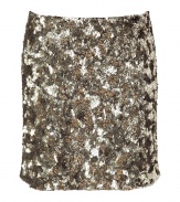 Luxurious skirt of fine synthetic - Embroidered with small sequins all-over - Glamorous in gold and dark grey - Slim cut and sexy mini short - A mega highlight skirt for chic evening events, with a silk top, leather jacket or blazer and platform pumps or boots