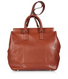 Fine cognac calf leather in stylish Macbeth case by Jil Sander - Rectangular, structured shape with carry handles and shoulder strap - Outside zip pocket - Ornamental, timeless piece is functional for every occasion and outfit