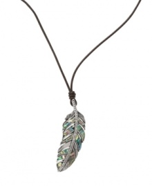 Stand apart from the flock in this free-spirited style. Fossil's fashionable feather pendant features abalone shell inlay and clear crystal pave. Cord crafted from chocolate brown leather with a lobster claw clasp. Approximate length: 24 inches + 2-inch extender. Approximate drop: 2-3/4 inches.