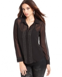 Beading details add sparkle & shine to this GUESS chiffon blouse -- a fall must-have!