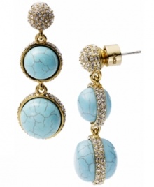 Everyone knows that resort-ready styles are hot, hot, hot! Pave-set glass accents and reconstituted turquoise make these double drop earrings by Michael Kors a getaway must-have. Set in gold tone mixed metal with a steel post backing. Approximate length: 1-1/2 inches. Approximate width: 1/2 inch.