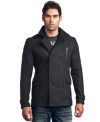 Short peacoat by Affliciton is edgy and trendy.