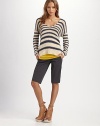 Striped, cotton-rich v-neck in allover stripes with dropped shoulders and a sexy v-back. V-neckDropped shouldersLong sleevesRibbed hemV-back70% cotton/30% nylonDry cleanImportedModel shown is 5'10 (177cm) wearing US size 4.