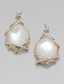 An organically-shaped mother-of-pearl set in sleek sterling silver with white sapphire and 18k gold accents. Mother-of-pearlWhite sapphireSterling silver18k goldDrop, about 1¼Post backImported 