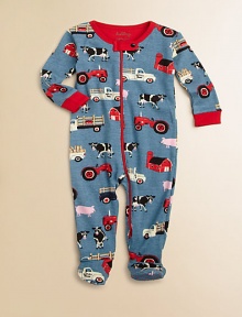 Trucks, tractors and fun farm friends adorn a charming print footie to keep your little one comfy.Ribbed crewneckSnap neck tabFront and leg zipperLong sleeves with contrast ribbed cuffsFeet with non-slip dots on solesCottonMachine washImported