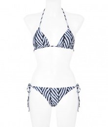 Chic bikini in fine, light blue nylon stretch - Classic triangle style in elegant, oversize herringbone print - Tie fastenings at halter neck, back and hips - Modest coverage at rear, briefs sit comfortably at hips - Sophisticated and sexy, fits true to size - A must for your next beach getaway