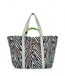 Tote around your daily essentials with this fashionable carryall from Diane von Furstenberg -Classic tote style, dual leather carrying handles, two large inside pockets, all-over neon zebra print - Perfect for daily use, work, or off-duty cool