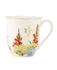 Garden party. The Floral Meadow Hydrangea mug brings eternal spring with a bouquet of green, blue and orange rooted in resilient everyday porcelain. A scalloped edge adds to the charm of the graceful mix-and-match Lenox collection. Qualifies for Rebate