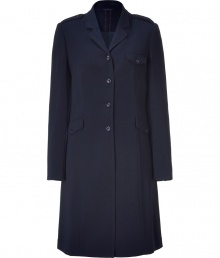 Elegant coat of dark blue synthetic fiber elevates business wear and transitions easily to after hours - Sophisticated, slightly fitted silhouette - Features short, narrow lapels, shoulder bars, flap pockets and button front - Wear with anything from pencil skirts to skinny jeans and everything in between - Style with a brightly-colored silk scarf and driving gloves