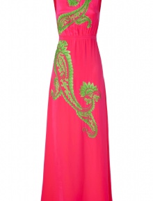 With swirling beaded embroidery and radiant hues of pink and lime, Salonis floor-length silk dress is an exquisitely chic statement choice for your most festive occasions - Rounded neckline, sleeveless, softly gathered waist, hidden back zip - Fitted bodice, full skirt - Team with platform pump and a sleek metallic clutch