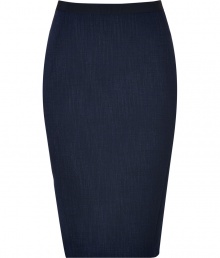 Detailed in denim-effect stretch wool for a contemporary look and immaculate fit, Donna Karans sleek pencil skirt counts as a workweek must - Black elasticized waistband, hidden back zip, kick pleat, denim-effect wool-blend - Form-fitting - Wear with feminine tops and sky-high platform peep-toes